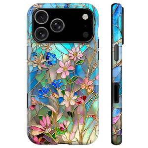 Generic Case for iPhone 17 Pro Max,Stained Glass Bloom Flower Phone Case Drop Resistant Glossy 2 in 1 Solid Dual-Layer Cover for Girl Women