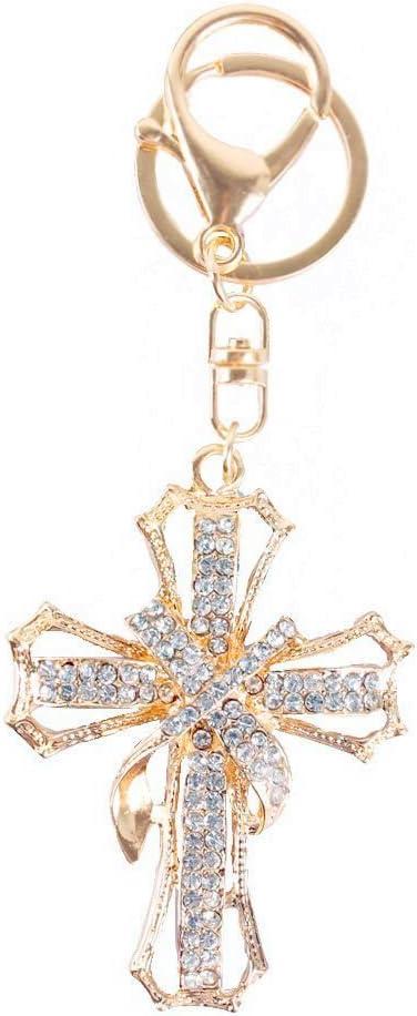 JewelBeauty Blessed & Holy Cross Keychain Keyring Crystal Rhinestones Car Bag Purse Charm Pendant (Gold)