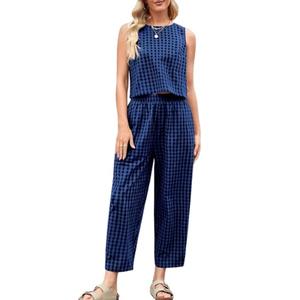 Rantar Womens Cotton Checker Set 2 Piece Beach Vacation Outfit Summer Tank Top Pants Suit, Large