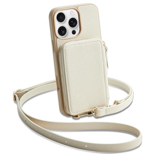ZVE Wallet Case for iPhone 16 Pro Max, RFID Blocking Protective Leather Zipper Wallet Case with Card Holder Wrist Strap for Women for iPhone 16 Pro Max 6.9" Beige
