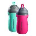 Tommee Tippee Superstar Straw Insulated Bottle, for 12m+, 9oz, Pack of 2 Non-Spill Toddler Water Bottle, Pink and Mint, with Easy-Hold Handle and Soft Silicone Straw, Leak-Proof and BPA Free