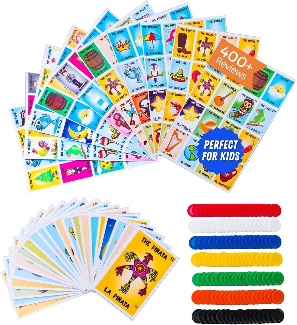 ELIASM Loteria Mexican Bingo Game Kit - Bilingual Game for 10 Players - Includes 1 Deck of Cards and Boards - with 140 Bingo Chips - for The Entire Family - Great for Learning Spanish