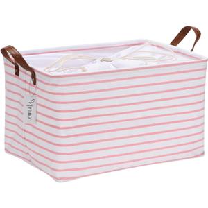 Hinwo 31L Large Storage Bins, Closet Organizers and Storage, Shelf Baskets, Foldable Clothes Storage Baskets with Handles, Containers for Clothing, Blanket, Towels, Toys, Bedding (Pink Stripe) (16.5" / 31L / 1-Pack)
