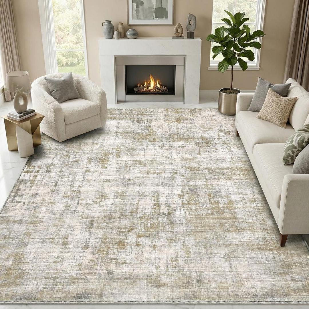 Area Rugs 8x10 Living Room Rug Washable No Slip Low Pile Soft Thickness Large Carpets Indoor Floor Covering for Bedroom Dining Modern Abstract Home Office Decor Tan