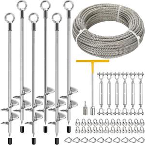 6 Pcs 30" Ground Anchors Heavy Duty with 100ft 1/4" Stainless Steel Cable & 6Pcs Turnbuckle, Fully Welded Ground Anchors Screw in Auger Earth Anchors for Sheds, Mobile Home, Tent, Swing Set