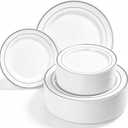 HOMIP 200PCS White and Silver Plastic Plates, Disposable Party Plates with 100 Dinner Plates 10" and 100 Dessert Plates 7", Plastic Plates for Party, Wedding and Birthday