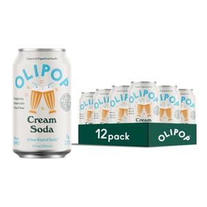 OLIPOP Prebiotic Soda Pop, Cream Soda, Pantry Pack Packed with Prebiotics, Fiber, and Botanicals, Gluten Free, Vegan, GMO Free, 12oz (12-Cans), Best Before February 25 2025 