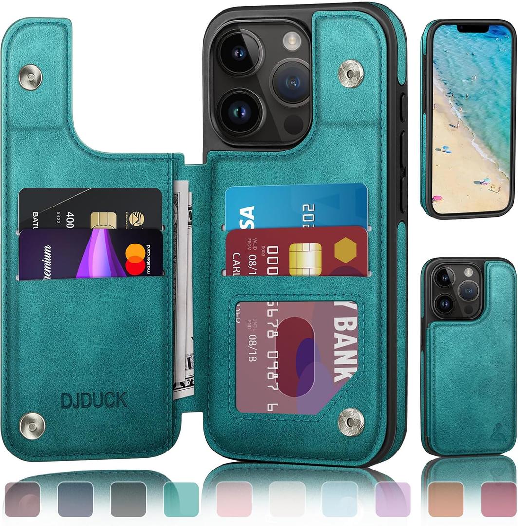 DJDUCK Designed for iPhone 13 Pro Max Case Wallet with Card Holder, [Magnetic Clasp Cover] [RFID Blocking Leather Protection] Shockproof Women Men Cases 6.7 Inch for Apple 13 Pro Max Blue Green