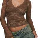 INFITTY Women's Lace Bell Sleeve Crop Tops V-Neck Long Sleeve Shirts Double Lined Slim Fit Blouses Outfits (Medium, Coffee)