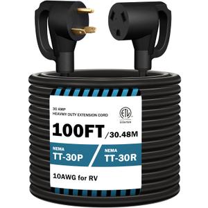 STRIGHT 100FT RV Extension Cord 30 Amp, RV Power Extension Cord NEMA TT-30P Male to TT-30R Female Heavy Duty 10 Gauge STW 3-Wire for RV Trailer Campers 125V, 3750W, ETL Listed (100FT 30AMP) (100FT 30 AMP, Black Plug)