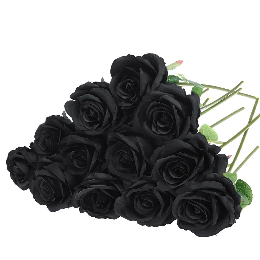Felice Arts 12 Pack Black Roses Artificial Flowers with Black Stems Silk Roses Fake Flowers Bouquet for Halloween Centerpiece Table Vase Home Inddor Kitchen Party DIY Decor