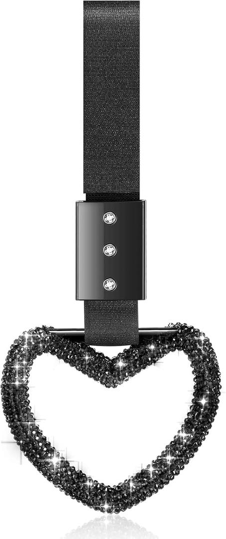 Fabbay Bling Car Accessories Bling Heart Handle Ring Car Accessory for Women Hand Strap Drift Charm Rear Bumper Warning Ring Decor for Auto Bus Interior Exterior Decoration (Black, Heart Style)