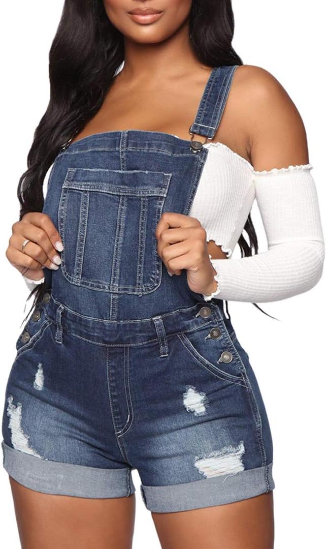 Women's Sexy Distressed Denim Shortall Romper Ripped Denim Jeans Bib Overall Jumpsuits (Medium, Blue)