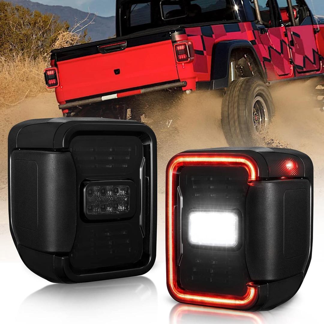 MOBI OUTDOOR LED Tail Lights Fit For Jeep Gladiator JT 2019 2020 2021 2022Smoked Taillights Brake Light Turn Signal Light Reverse Back Up Assembly (Black Housing Smoke Lens), 1 Pair