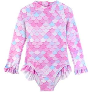 Baby Toddler Girl Long Sleeve Ruffle Swimsuit One Piece Zipper Rash Guard Bathing Suit with UPF 50+ Sun Protection (4-5T, Pink Mermaid)