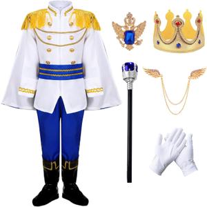 Boys Prince Charming Costume Cosplay Dress-Up Medieval Royal King Outfits for Kids (7-8 Years, Blue)
