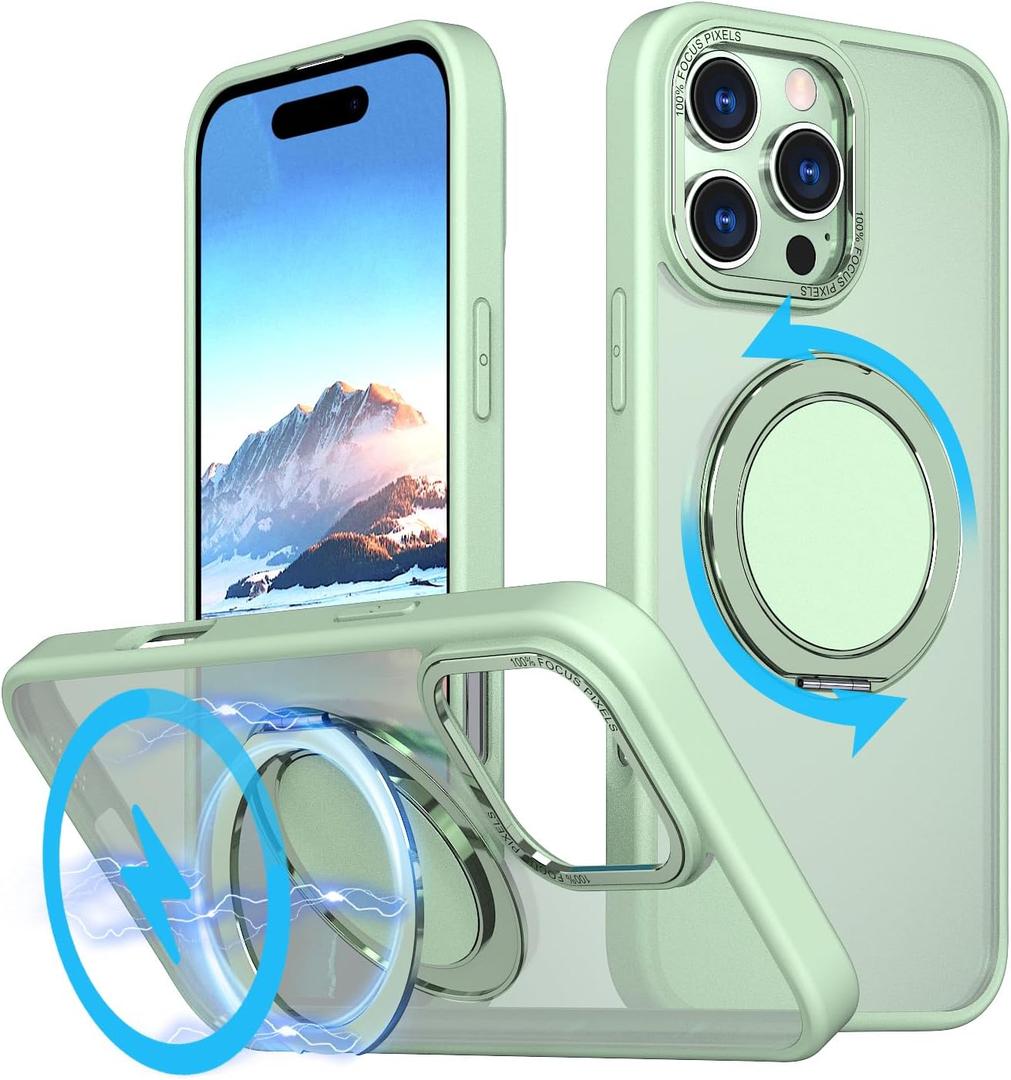 MAXCURY 360 Ring Stand Magnetic for iPhone 16 Pro Max Case, [Anti-Fingerprint] [Military Drop Protection] [Compatible with MagSafe] Soft Edge Translucent Slim Back 16 ProMax Phone Case (Green)
