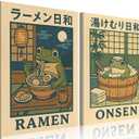 Framed Funny Japanese Frog Canvas Wall Art Set of 2, Vintage Cute Frog in Bathtub Pictures Wall Decor, Rustic Animal Eating Ramen Paintings Prints Home Decor for Bathroom Kitchen 16x24 inch