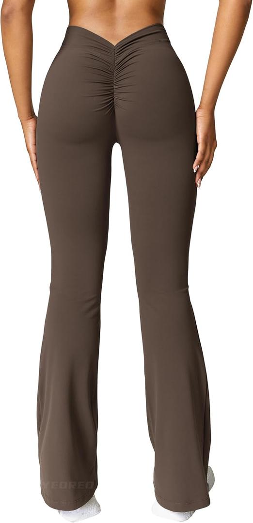 YEOREO Scrunch Flare Leggings Daze V Back Butt Lifting Wide Leg High Waist 31.5" Gym Workout Yoga Pants (Small, Coffee)