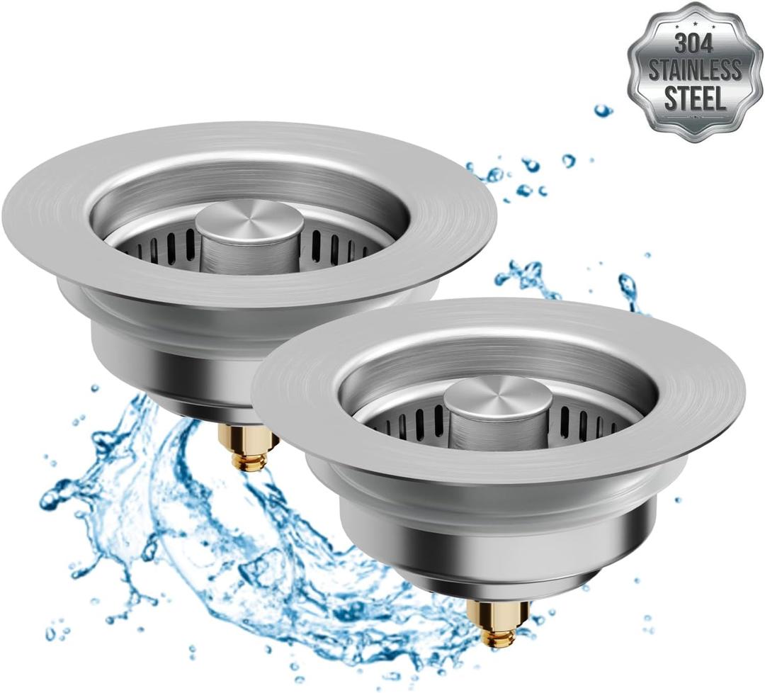 Upgraded 3 in 1 Kitchen Sink Drain Strainer, Magic Sink Stopper, Stainless Steel Anti-Clogging Sink Basket/Brass Pop-up Core/Fast Drainage for US Standard 3-1/2 inch Drain(2 Pack)