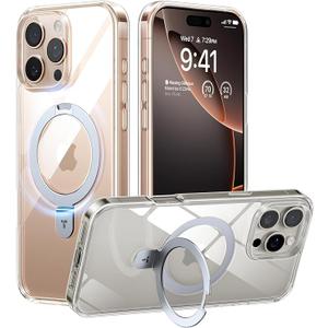 TORRAS Crystal Clear for iPhone 16 Pro Case Magnetic Stand,[Compatible with MagSafe][Flexible Stable Stand]MilGrade Protection Transparent Slim AntiYellowing AntiScratch Ring Kickstand 6.3", Ostand