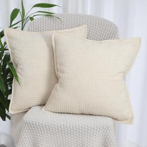 OYIMUA Set of 2 Decorative Chenille Checkered Throw Pillow Covers 18x18 Beige Neutral Farmhouse Vintage Cushion Covers Modern Boho Pillowcases for Sofa Couch Bedroom Living Room Home Decor