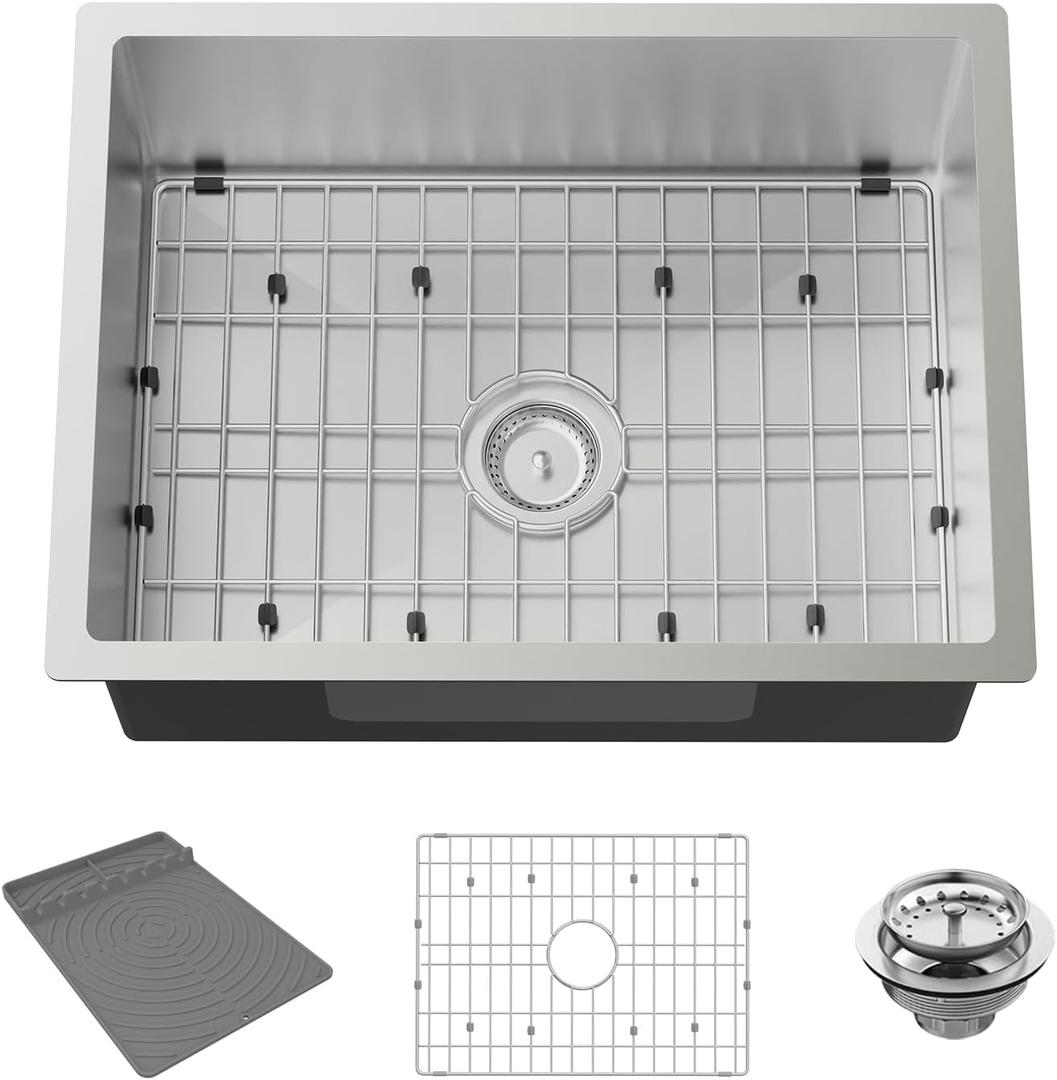 Kitchen Sink,24x18 Inch Kitchen Sink Stainless Steel Undermount Bar Sink Drop In Stylish and Modern Look Sink With Bottom Grid,Silicon Mat And Drain Assembly Add Elegance & Enhance Usability