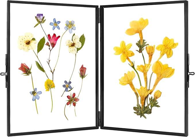 REDHUGO Glass Pressed Flower Frame Handmade, Hinged Double Press Flower Frame, Tabletop Brass Photo Frames, Rectangle Dried Flowers Display Folding Frames for Home, Black, 5×7 Inches