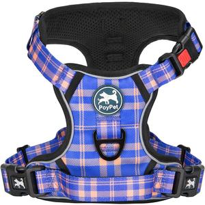 PoyPet No Pull Dog Harness, Reflective Adjustable No Choke Pet Vest with Front & Back 2 Leash Attachments, Soft Control Training Handle for Small Medium Large Dogs(Checkered Blue & Orange,M)