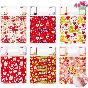 JOYIN 48 Pcs Valentines Day Sealing Gift Bag with Handles, Candy Bag with 6 Designs for Kids Party Favor, Classroom Exchange Prizes, Valentines Goodie Bags