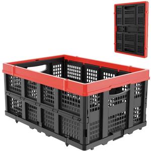 TOLRET 49L Collapsible Crate, Milk Crate for Storage, Foldable Storage Crate, Stackable Crate for Organizing for Home, Shopping, Camping, School, Office, Warehouse, Red