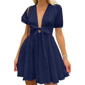 Women's Cute Summer Short Puff Sleeve Tie Cotton Mini Dress (Small, Navy)
