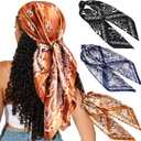 CHLINS 35" Satin Square Hair Scarf Bandanas - 3Pcs Large Silk Head Scarves Lightweight Satin Hair Kerchief Sleeping Hair Wraps for Women (Coffee+Blue+Black)
