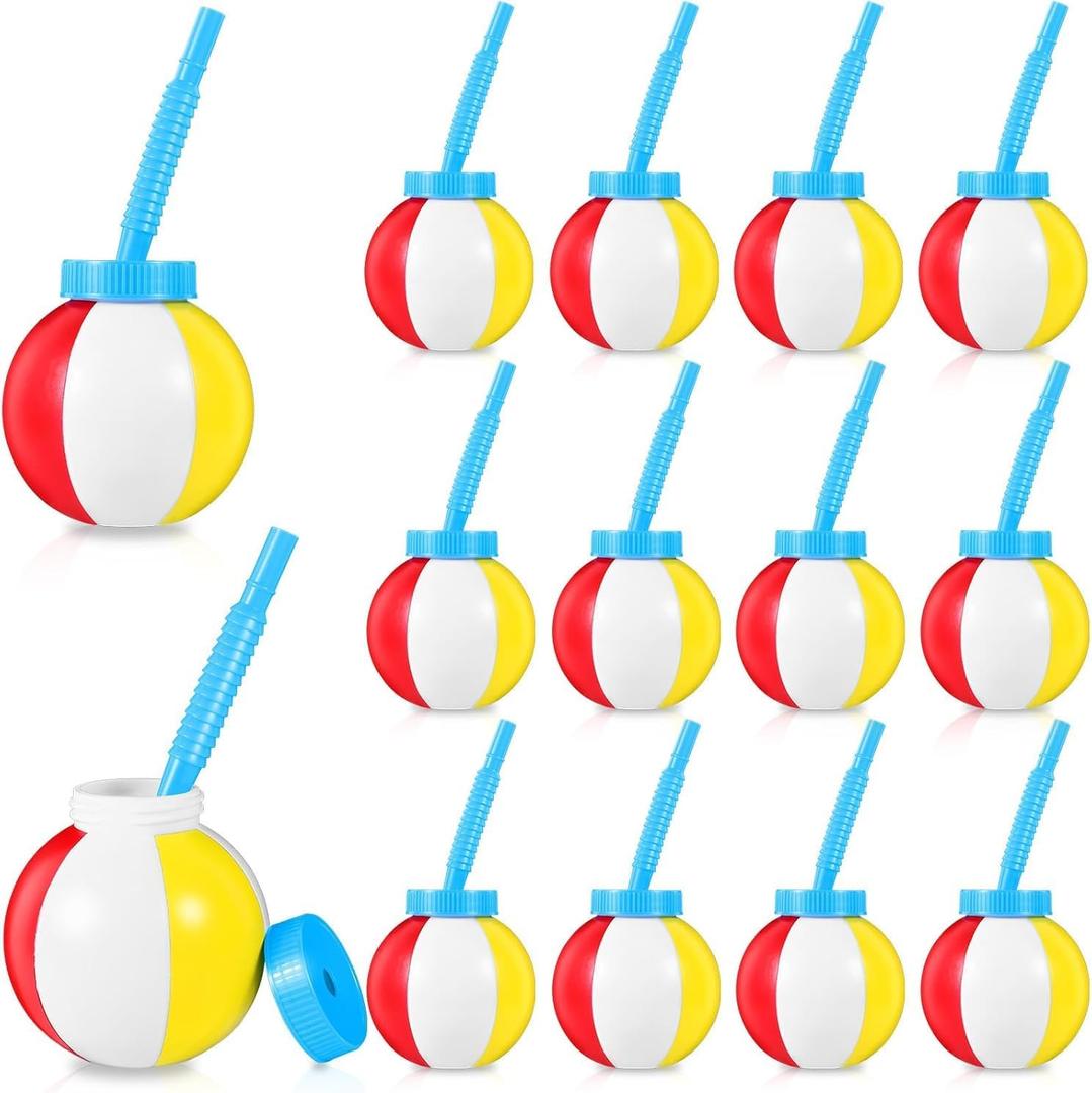 12 Pcs 10 oz Summer Beach Ball Cups with Straws and Lids, Beach Theme Pool Party Cups Bulk Plasic Beach Cups for Summer Theme Party Favor Hawaiian Luau Party and Kids Pool Party Birthday Decorations