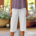 Cotton Linen Capri Pants for Women Petite Bermuda Shorts Knee Length Drawstring Pants Summer Beach Long Shorts (White, XL)