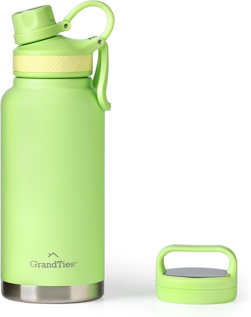 GRANDTIES 2 Lids Sports Stainless Steel Water Bottles – Wide Mouth Vacuum Insulated Reusable Leak Proof BPA-Free Travel Metal Canteen, Thermal Bottles for Men Women Gym (Fresh Mint 32 oz)