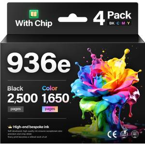 936e 936XL High Yield Ink Cartridges with Chip Combo 4-Pack Replacement for HP 936 936e Ink Works with HP OfficeJet Pro 9125e 9135e 9110b 9128e 9130b 9122e 9120e Wide Format 9730e Printers Black Color