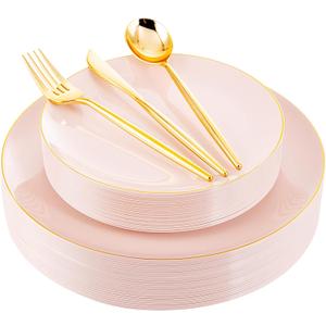 I00000 30 Guests Pink Plastic Plates for Party,Heavy Duty Pink Disposable Plates,Gold Dinnerware Set Include 30 Dinner Plates,30 Dessert Plates,30 Gold Plastic Silverware Set for Party.