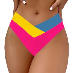 SherryDC Women's V Cut High Waisted Bikini Bottom High Leg Cut Swimsuit Bathing Suit Bottoms (Large, 824 Multi-Rose Red)