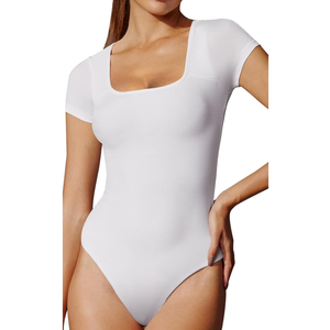 IUGA Bodysuits for Women Tummy Control Short Sleeve Square Neck Bodysuit Women's Slimming Basic Body Suit Tops (Medium, White)