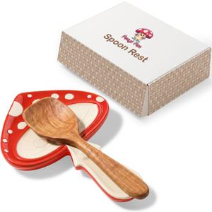 Fungi Fun Ceramic Mushroom Spoon Rest - Whimsical Kitchen Decor for Home, Mushroom Utensil Spatula Holder for Cooktop Surface, Cute and Durable Kitchen Accessories, Cottagecore Decor Red & Cream