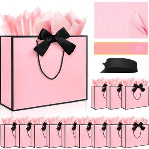 Ethhqu 12 Pack Gift Bags with Handles Include Tissue Papers & Cards, Medium Size 12.6104'' Thank You Gift Bags Medium Size for Birthday, Mother's Day, Wedding, Bridesmaids (Pink and Black)
