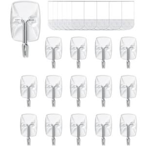 15 Small Hooks+30 Removable Strips, Clear Wire Hanger Hooks, Damage-Free Utility Hooks, Heavy Duty with Adhesive Strips, No Tools Wall Hook for Hanging, Value Pack