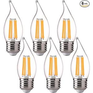 2700K Soft White LED Chandelier Edison Bulbs, 100W Equivalent, Dimmable CA11 E26 Base LED Candelabra Bulbs, 800LM, 6 Pack UL,CA65 Listed.