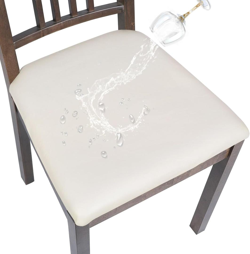 SearchI Waterproof PU Leather Seat Covers for Dining Chairs, 4 Pack Stretch Dining Room Chair Seat Covers, Kitchen Chair Seat Covers Protectors (Cream)