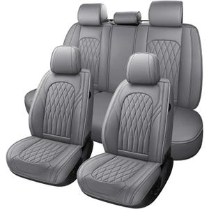 WELLDO Car Seat Covers Front Seats, Leather Seat Covers for Cars, Front Car Seat Protector Waterproof, Non-Slip Car Interior Covers Universal Automotive Seat Covers for Most Vehicle, Gray, Full Set