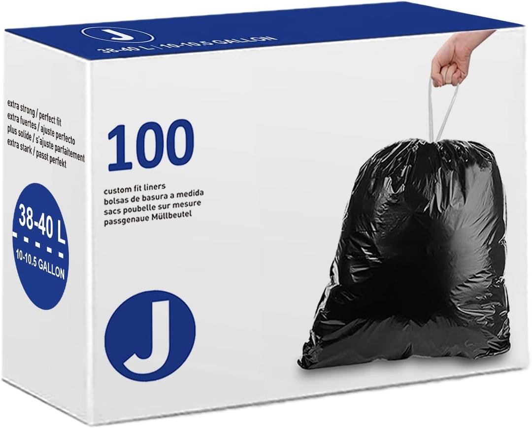 Code J 100 Count Heavy Duty Trash Bags 1.2 Mil THICK | 10-10.5 Gallon / 38-40 Liter Drawstring Black Garbage Liners Heavy Duty Plastic Bags Compatible with simplehuman Code J (Pack of 1) (100 Count (Pack of 1))