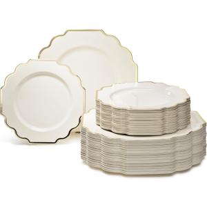 " OCCASIONS " 120 Plates Pack,(60 Guests) Heavyweight Wedding Party Disposable Plastic Plates Set -60 x 10.5'' Dinner + 60 x 8'' Salad/Dessert Plate (Imperial Ivory & Gold), 120 Piece