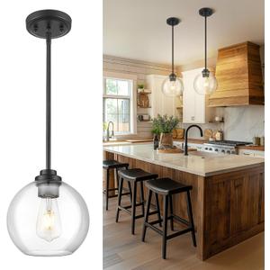 8 inch Matte Black Pendant Light, Mid Century Globe Haning Light Fixture Ceiling with Clear Glass for Kitchen Island Dining Room Bedroom Hallway Foyer (1 Pack), PL101BK-L