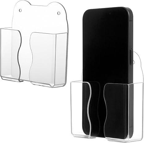 2PCS Wall Phone Holder Clear Phone Shelf Self Adhesive with Charging Hole, Compatible with Phone and Android Smartphone, Cell Phone Cradle Bedside Organizer Remote Control Stand for Home Office